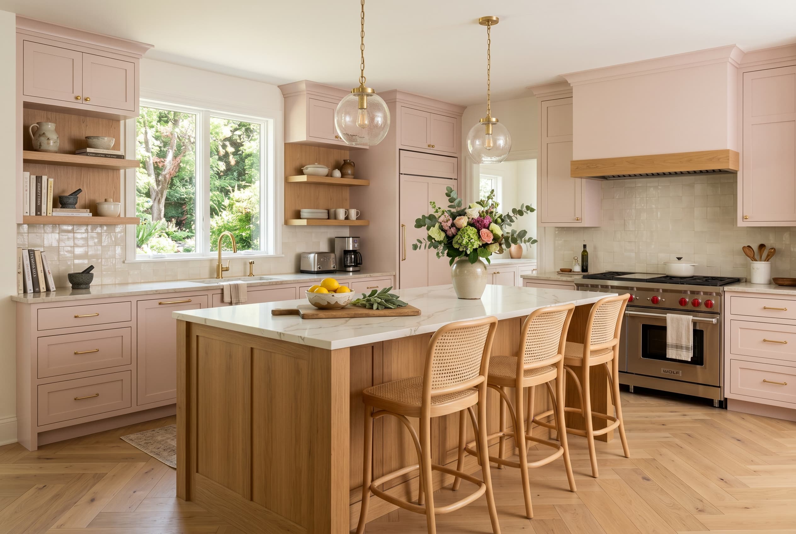 DreamEdit editor hero generated kitchen preview with pink cabinets