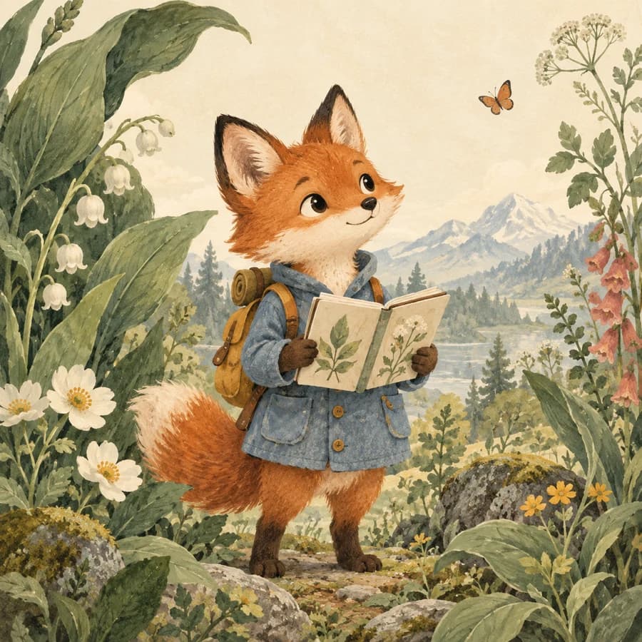 Character concept: a fox explorer in a blue coat among wildflowers