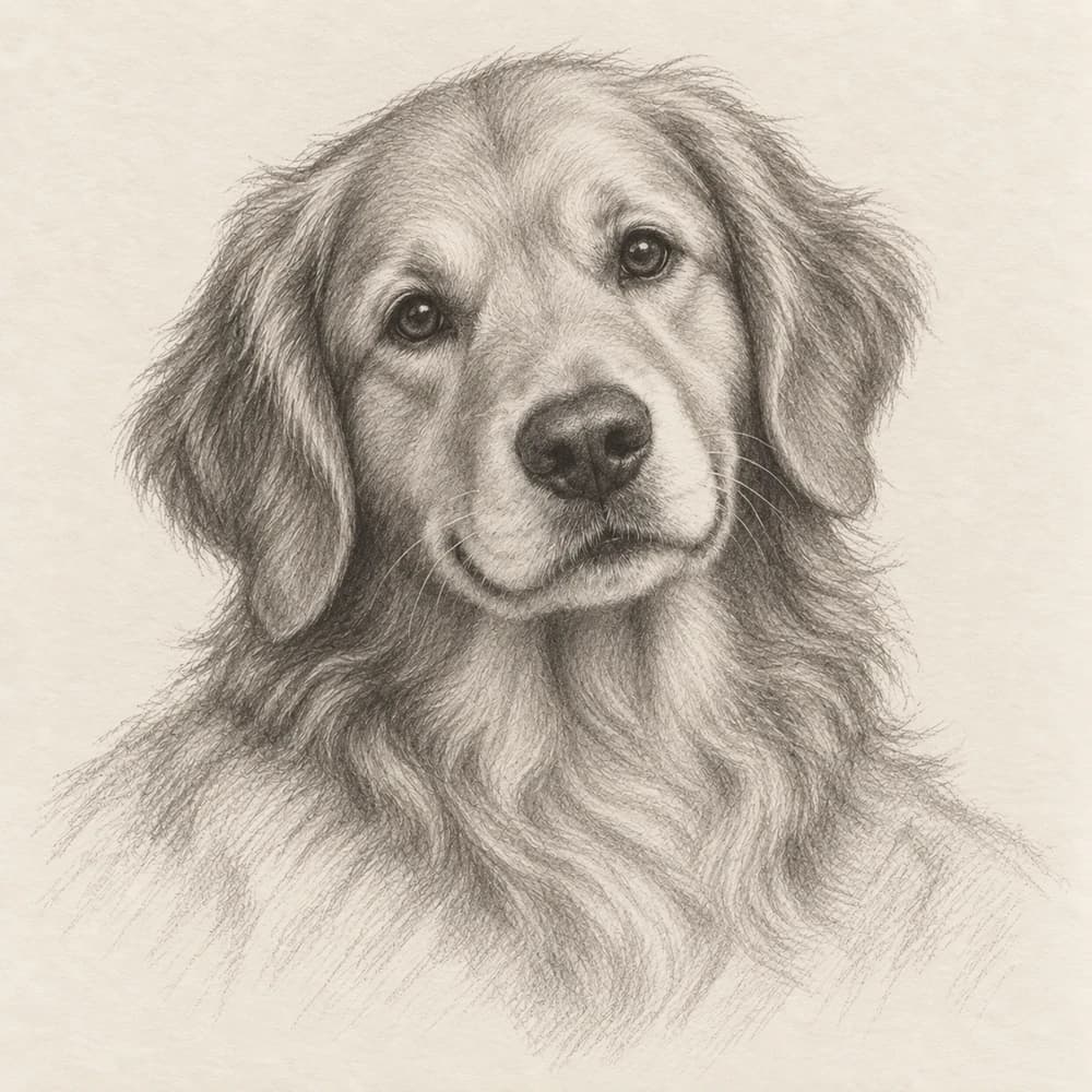 Photo transformation concept: a detailed graphite-pencil portrait of a golden retriever on warm ivory paper