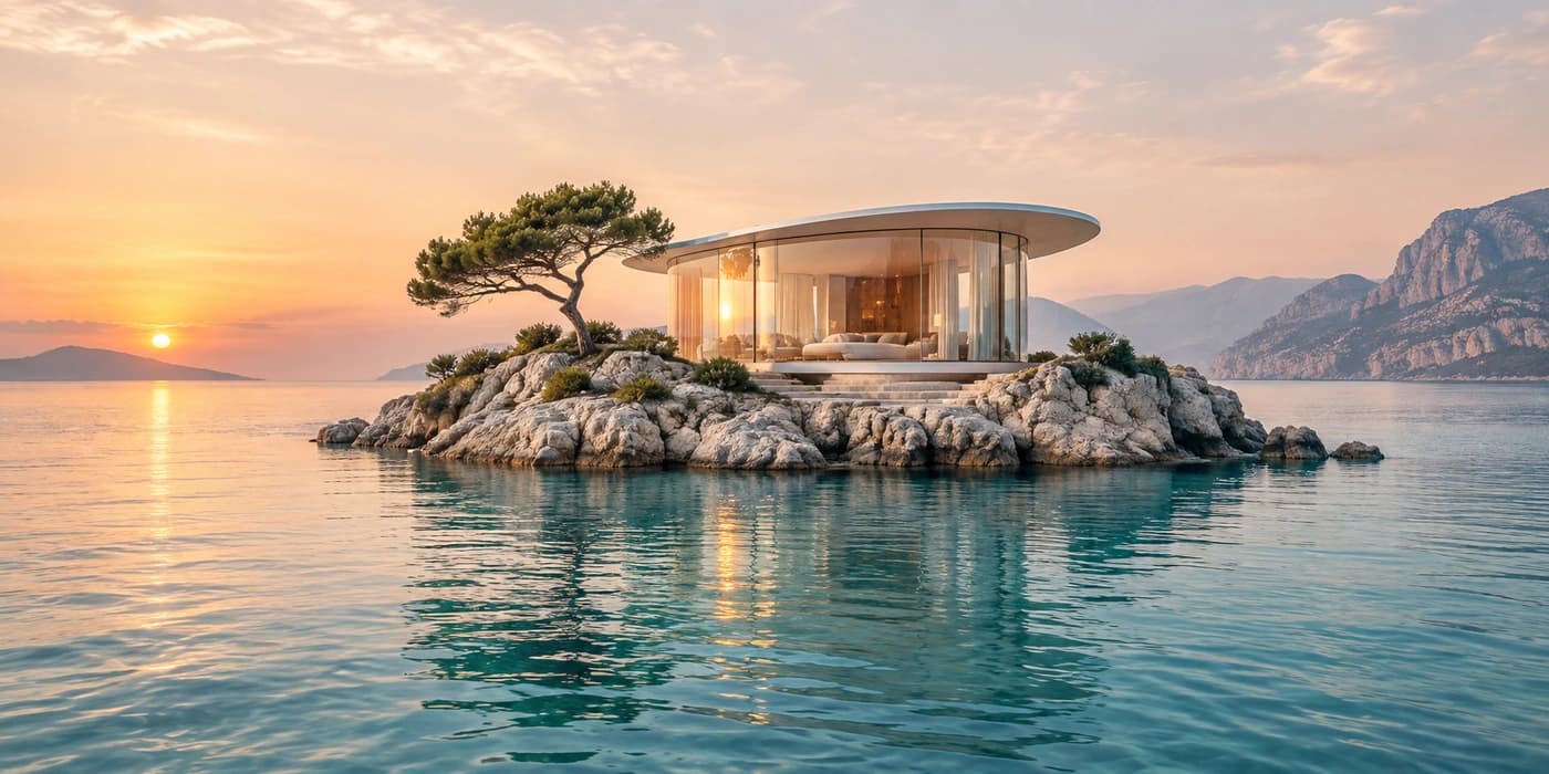 Generated architectural concept: a curved glass pavilion and a windswept pine on a tiny rocky island at sunrise