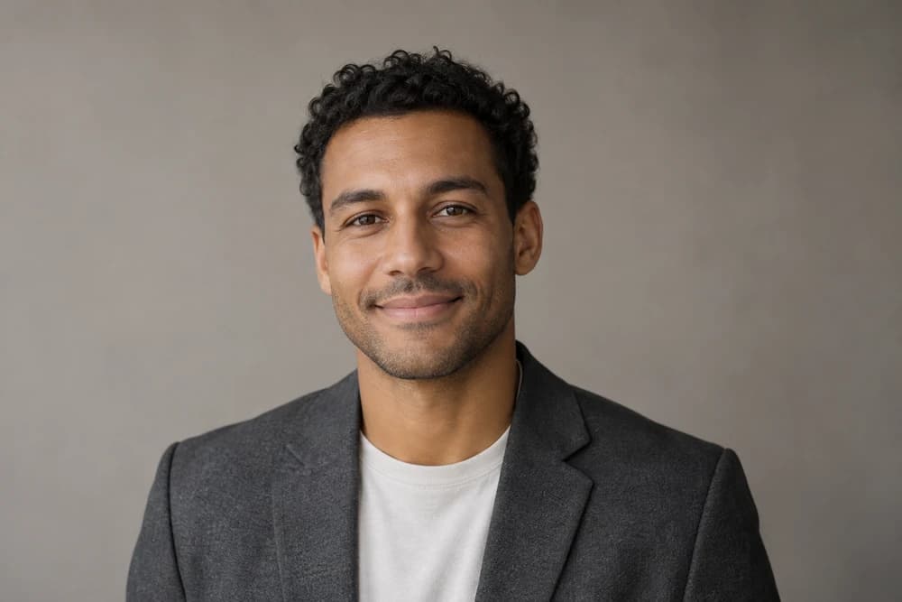 Professional headshot concept: a smiling man in a charcoal blazer against a warm grey background