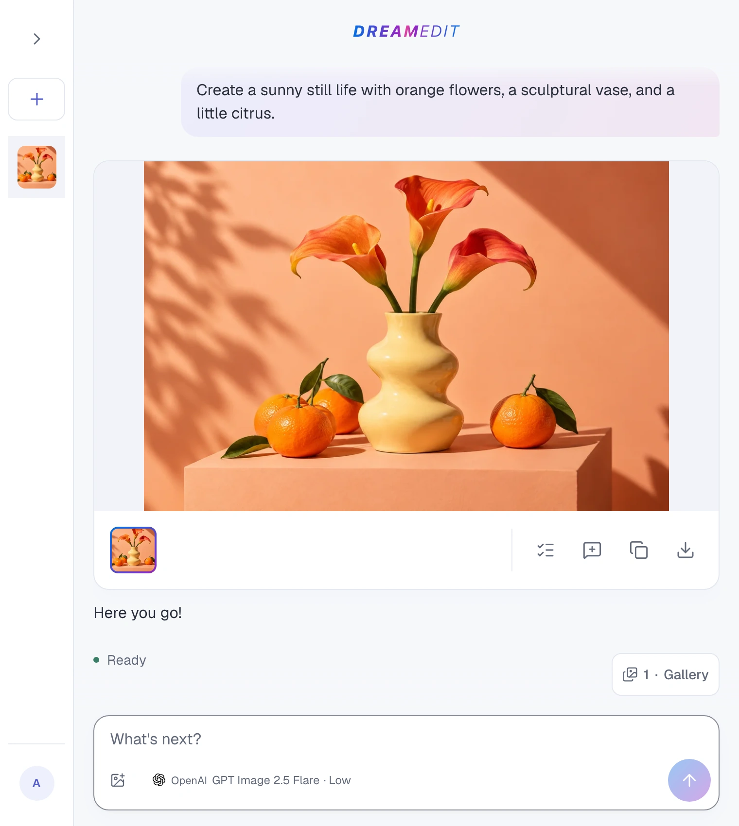 DreamEdit conversation showing a generated still life with orange flowers and citrus, image controls, and the message composer for further edits.