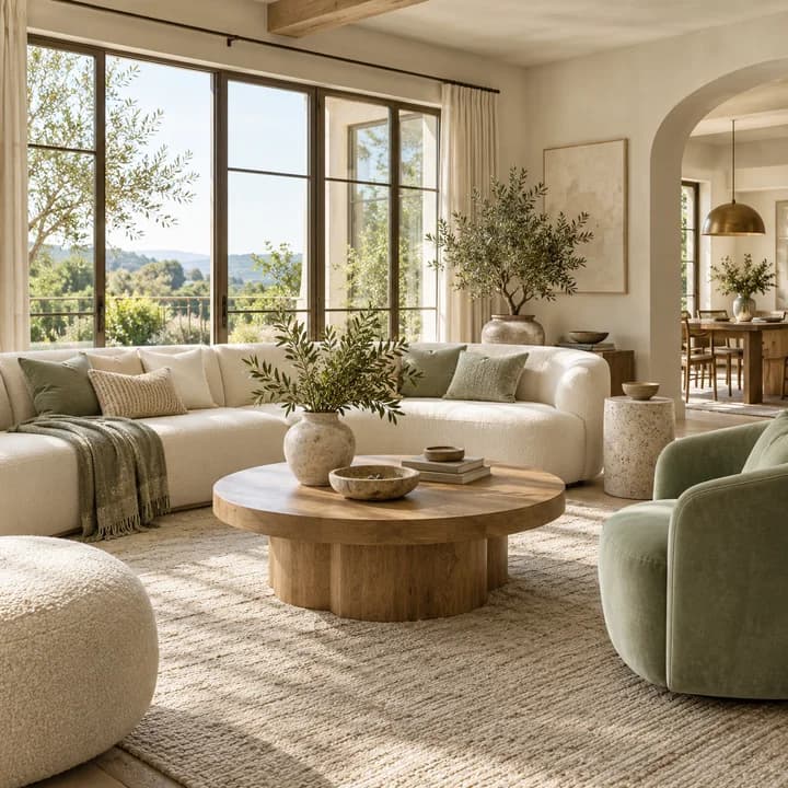 Interior concept: a bright living room with a cream sofa, sage chairs, and natural wood