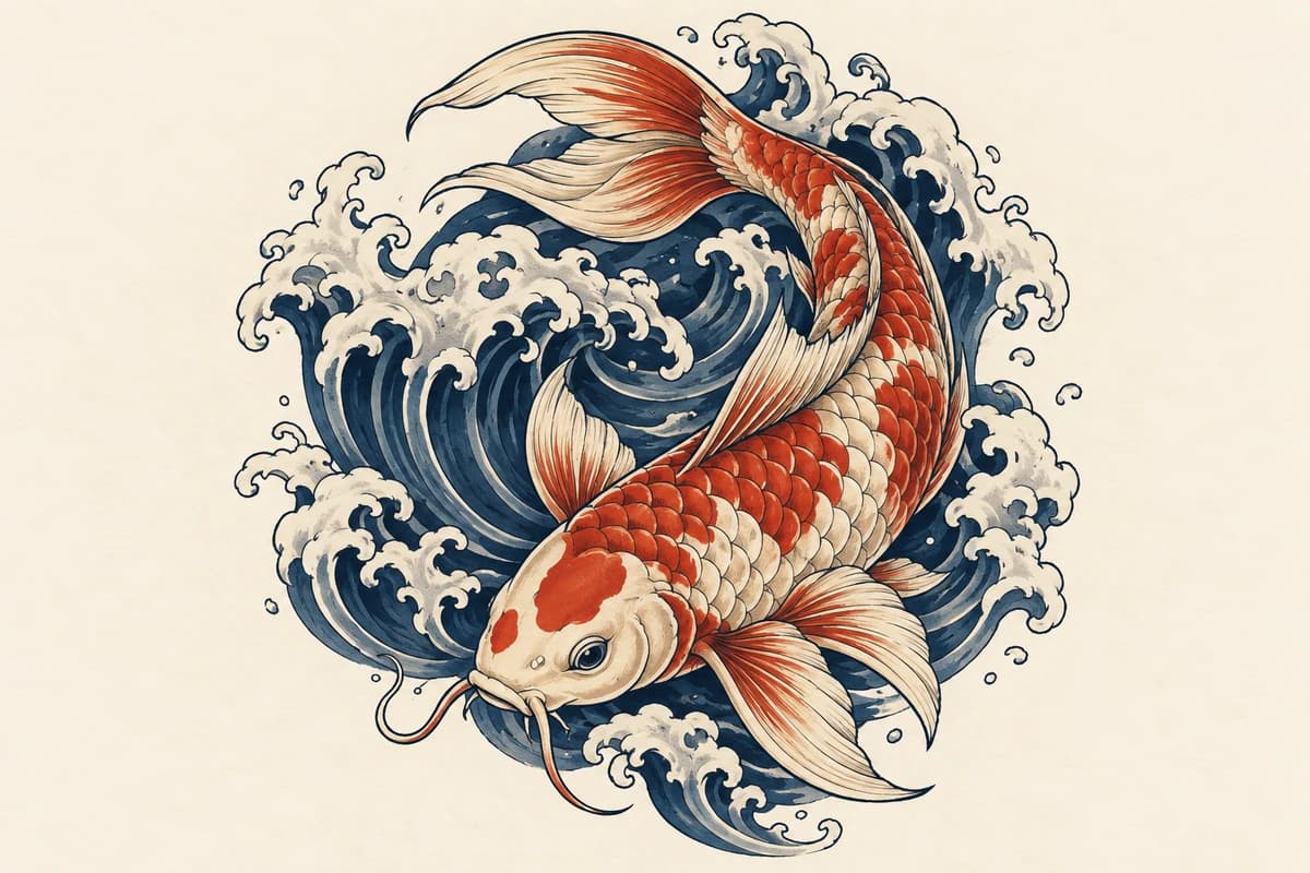 Tattoo concept: a red-and-ivory koi swimming through stylized indigo waves