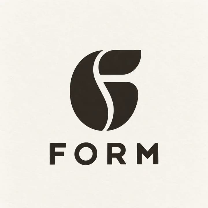 FORM logo concept with a dark abstract mark on a cream background