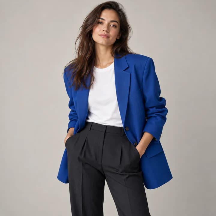 Outfit concept: a woman wearing a blue blazer, white top, and black trousers