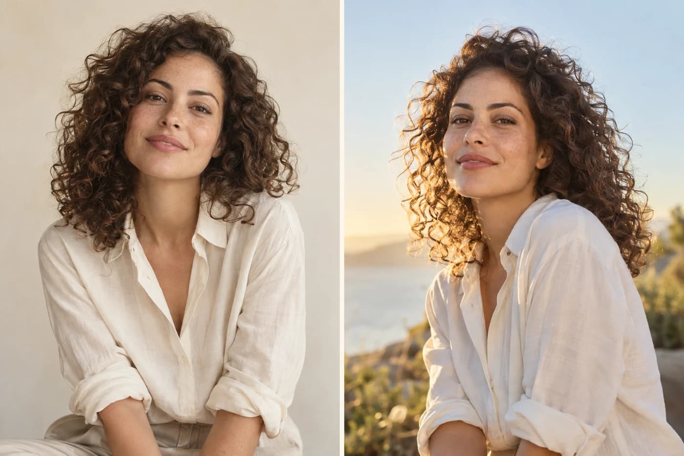 Image editing example: the same woman in a softly lit studio and a warm outdoor setting