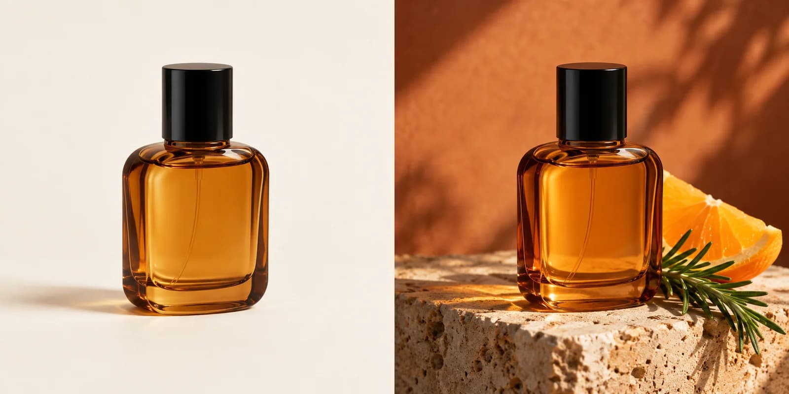 Original product photo: an amber perfume bottle on a plain cream background