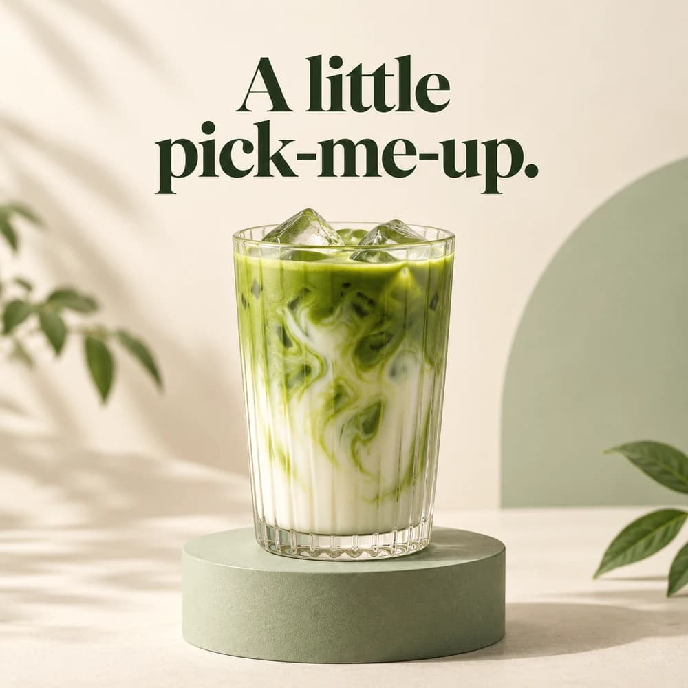 Social post concept: an iced matcha latte with the headline A little pick-me-up.